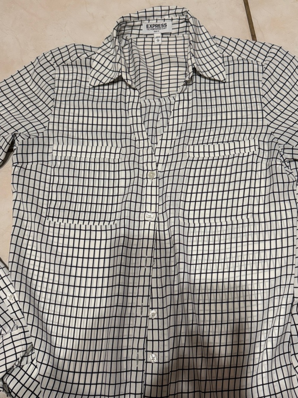 Express Men's White Button-Down Shirt with Black Windowpane Grid